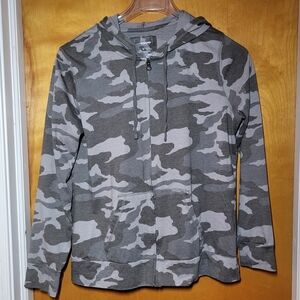 Gray, Olive-Greenish Camouflage, Full Zip, Lightweight Hoodie